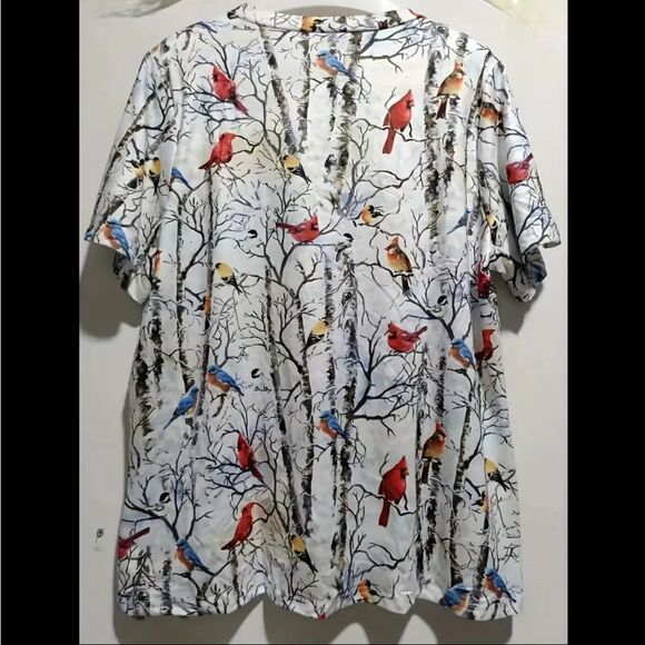 Polyester Knit Bird Cardinal Birch Trees V-Neck Short Sleeved T-Shirt Sz 16 - Picture 2 of 3